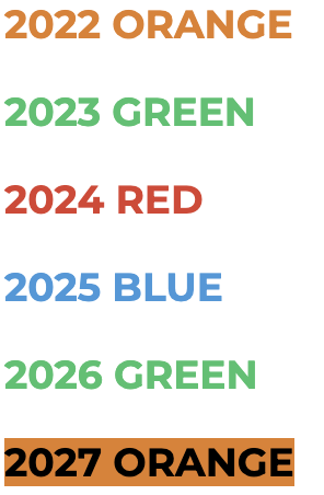 Backer colors: 2022 ORANGE,  2023 GREEN,  2024 RED,  2025 BLUE,  2026 GREEN,  2027 ORANGE